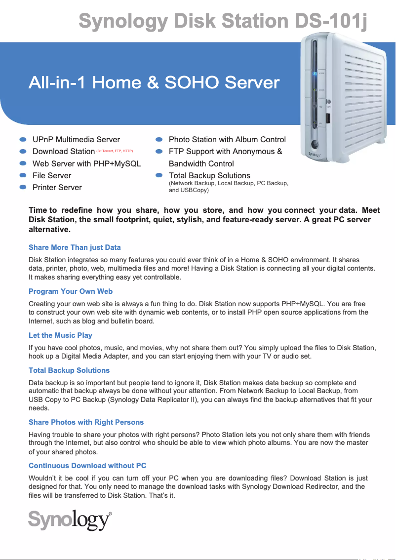 Página 1 del manual Ficha técnica Synology DiskStation DS-101j