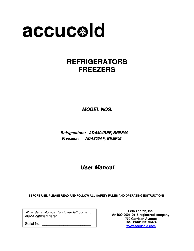 Página nº 1 - Manual de uso y mantenimiento Accucold ADA404REF