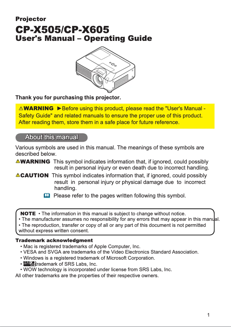 Página nº 1 - Manual de usuario Hitachi CP-X605