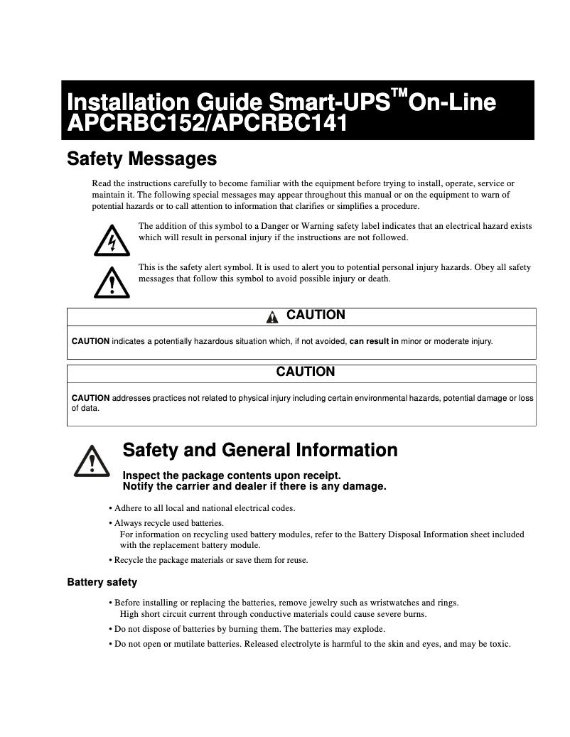 Página nº 1 - Manual de usuario V7 APCRBC152- Smart-UPS On-Line