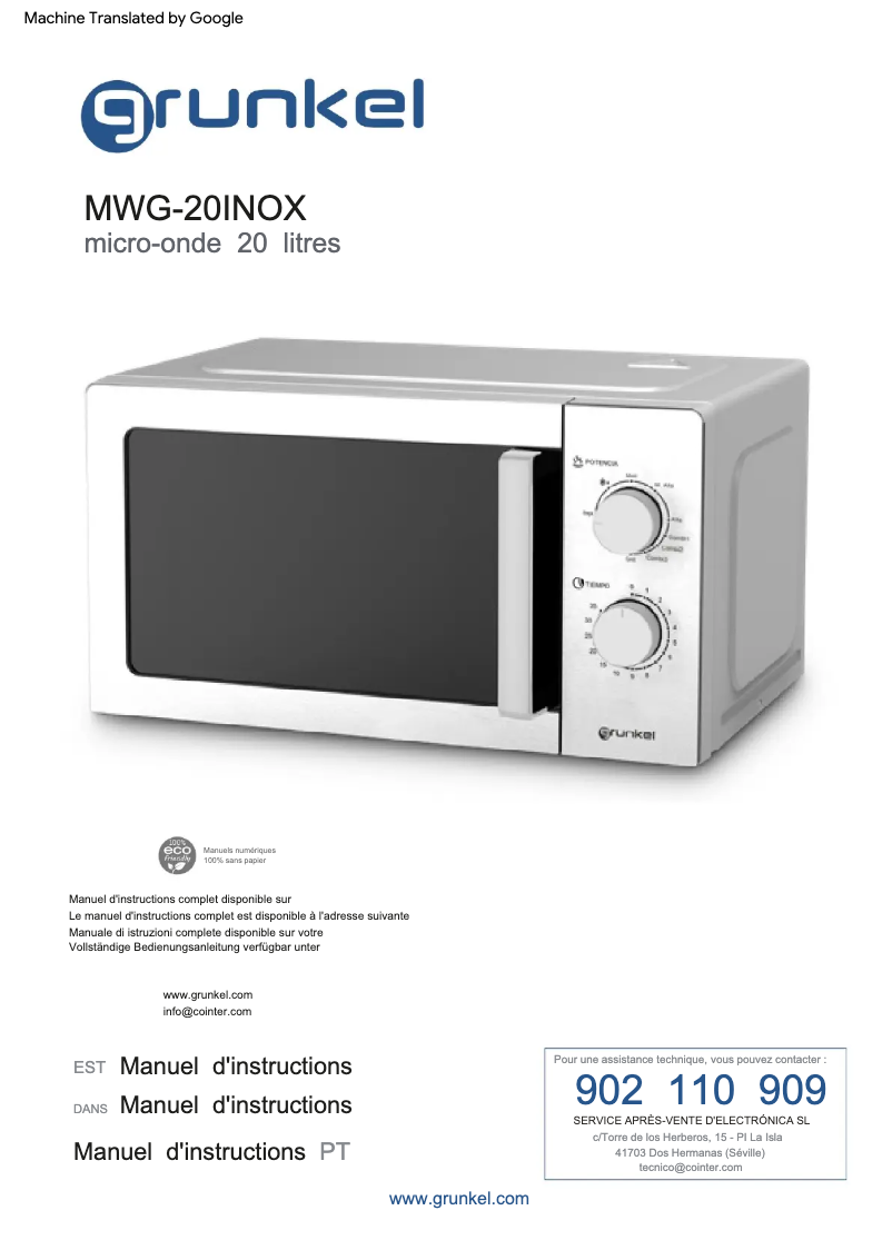 Página 1 del manual Manual de usuario Grunkel MWG-20INOX