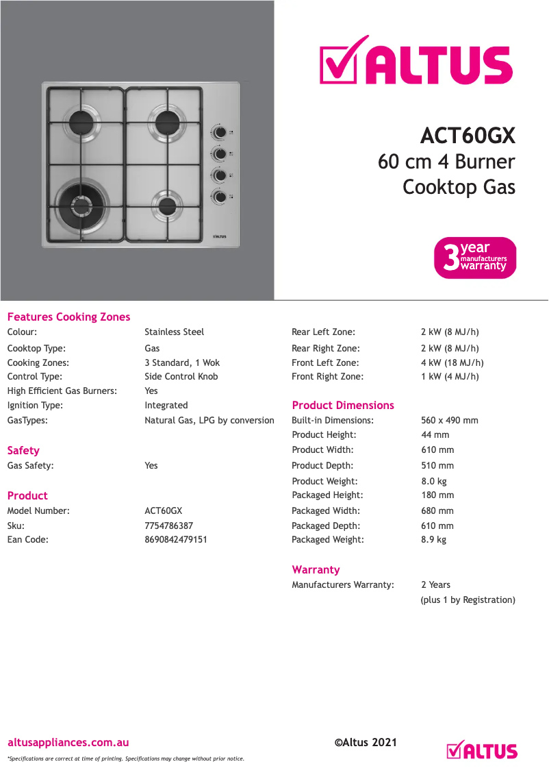 Página 1 del manual Ficha técnica Altus ACT60GX