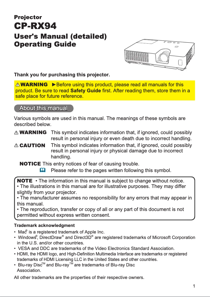 Imagen de la primera página del manual del dispositivo CP-RX94EF