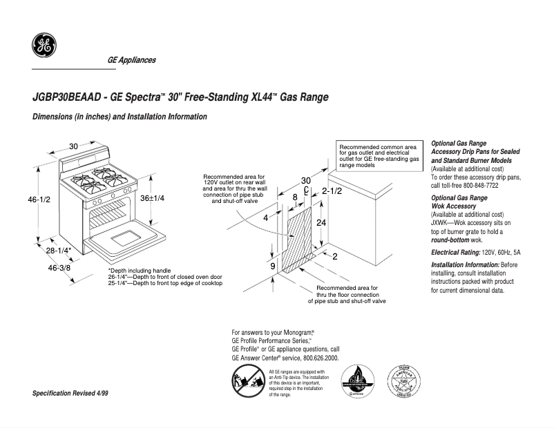 Página 1 del manual Ficha técnica GE JGBP30BEAAD