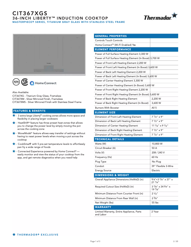 Página 1 del manual Ficha técnica Thermador CIT367XGS