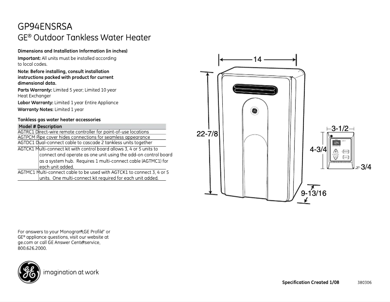 Página 1 del manual Ficha técnica GE GP94ENSRSA
