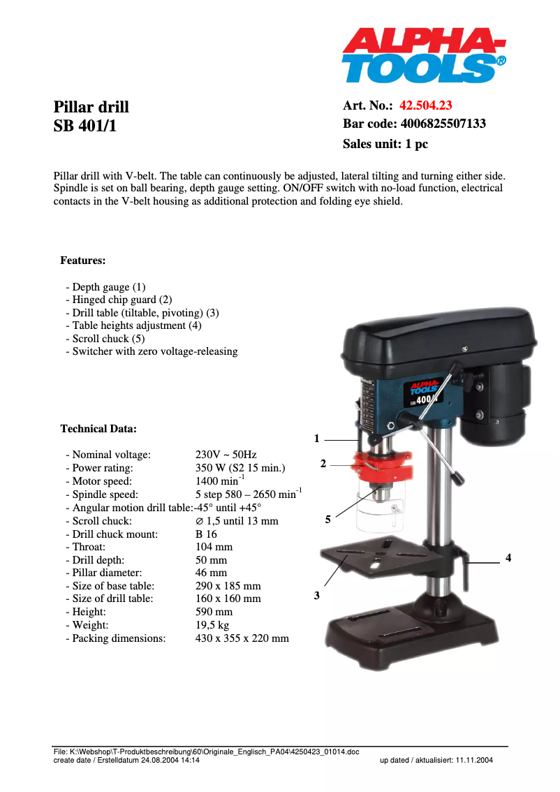 Página 1 del manual Manual de usuario Alpha Tools SB 401/1