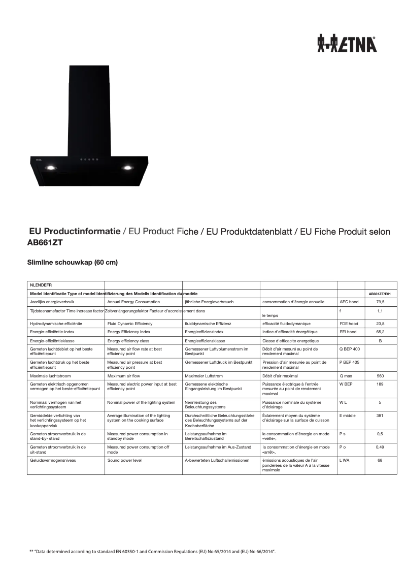 Página 1 del manual Ficha técnica Etna AB661ZT