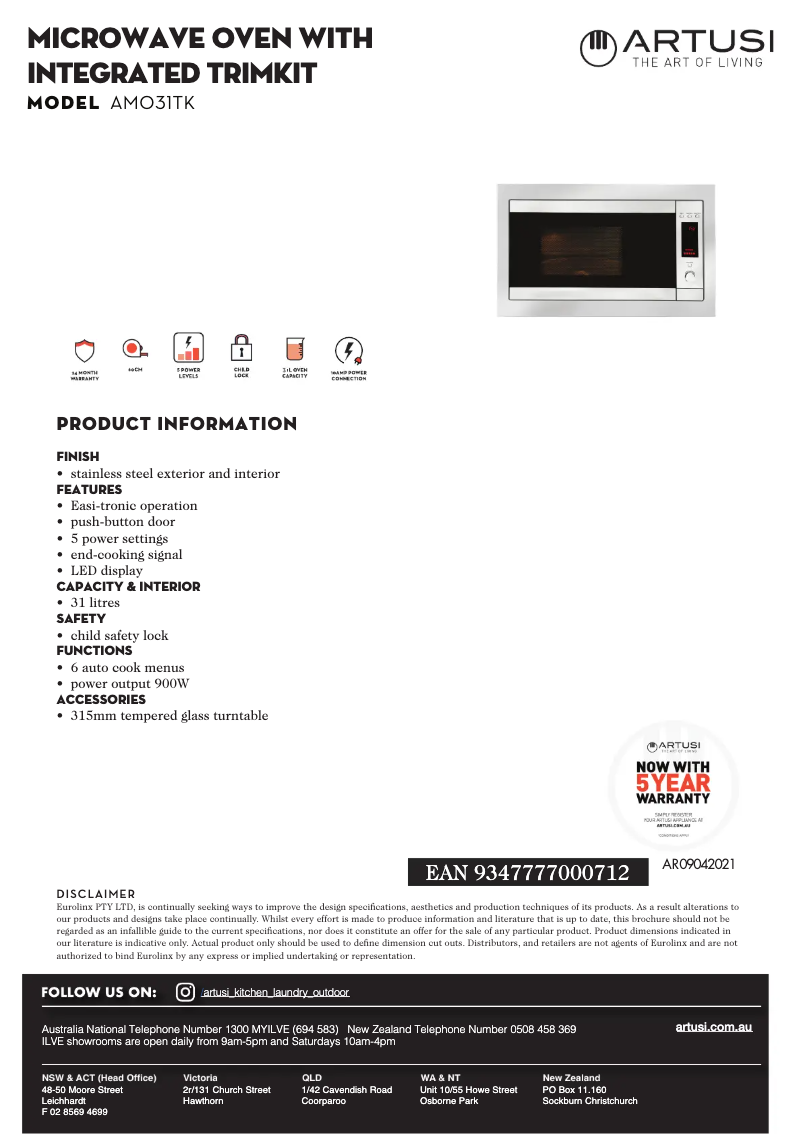 Página 1 del manual Ficha técnica Artusi AMO31TK