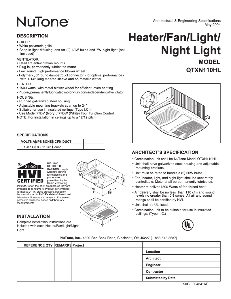 Página 1 del manual Ficha técnica NuTone QTXN110HL