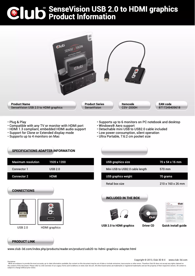 Imagen de la primera página del manual del dispositivo SenseVision USB2.0 to HDMI Graphics Adapter
