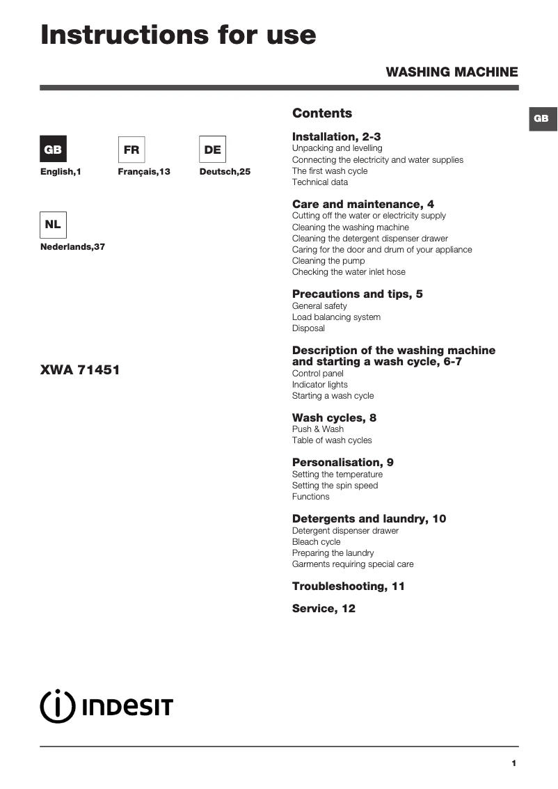 Imagen de la primera página del manual del dispositivo XWA 71451 WWB