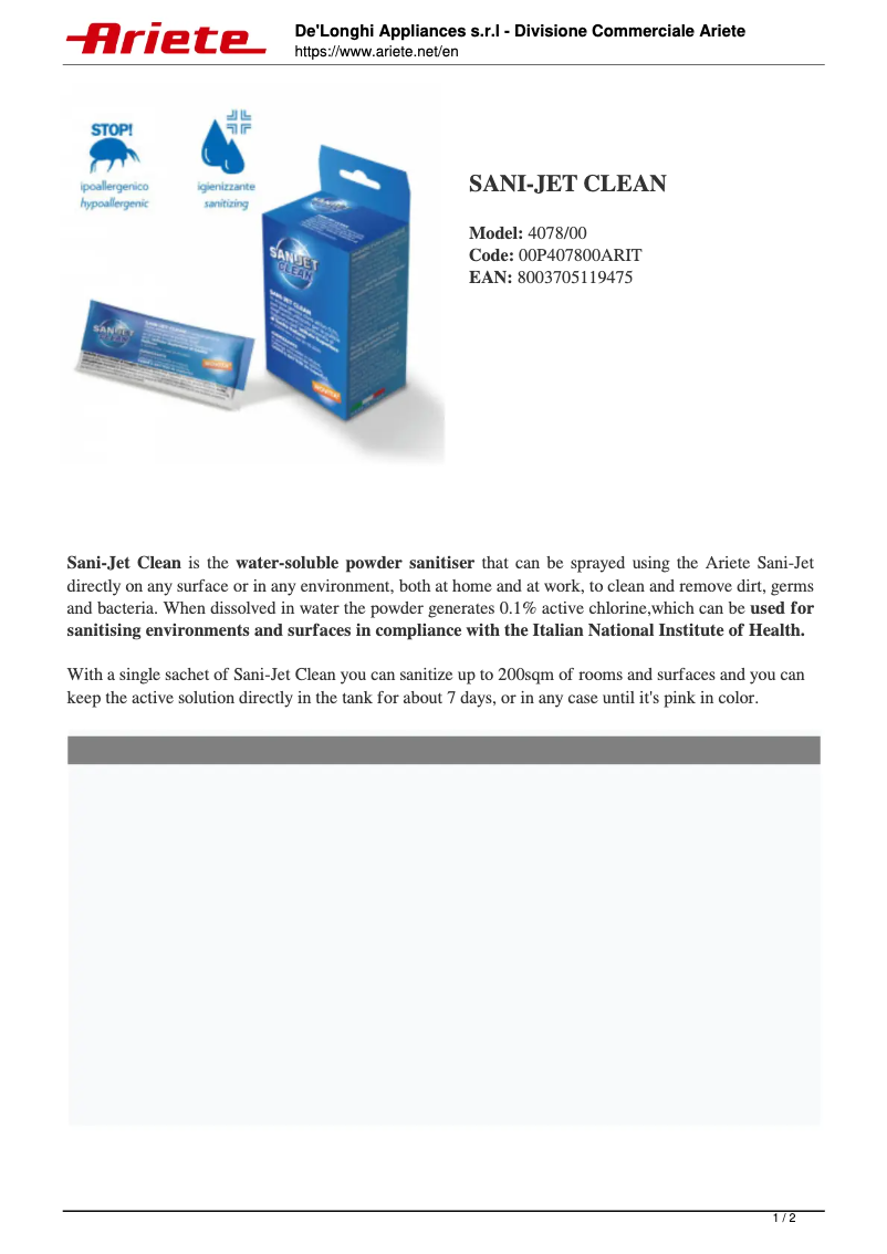 Página 1 del manual Manual de usuario Ariete Sani-Jet Clean 4078