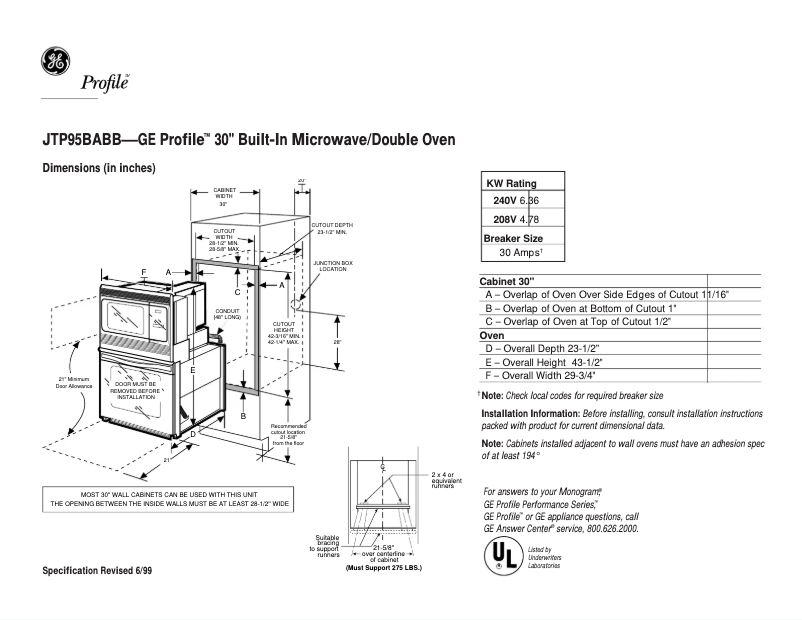 Página 1 del manual Ficha técnica GE Profile JTP95BABB
