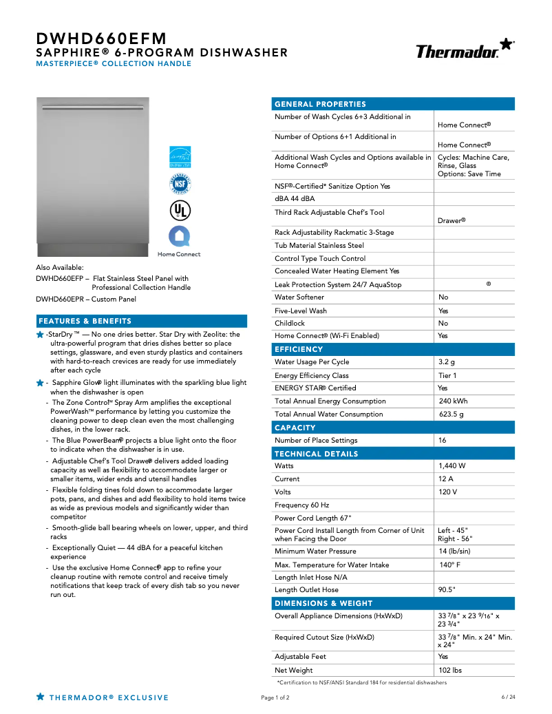 Página 1 del manual Ficha técnica Thermador DWHD660EFM