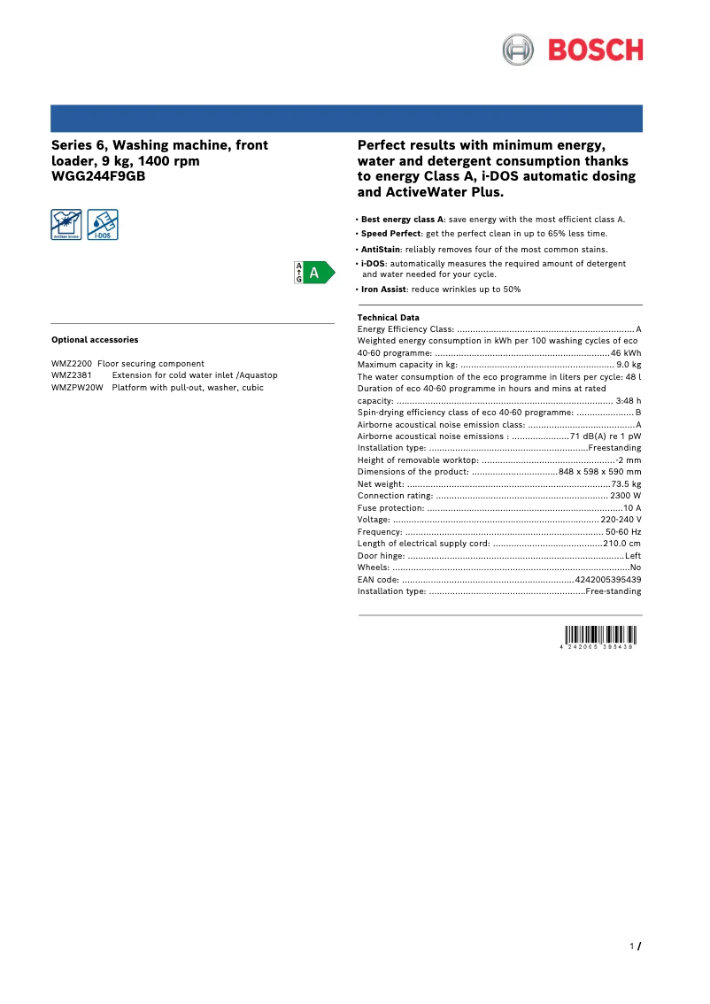 Página 1 del manual Ficha técnica Bosch WGG244F9GB