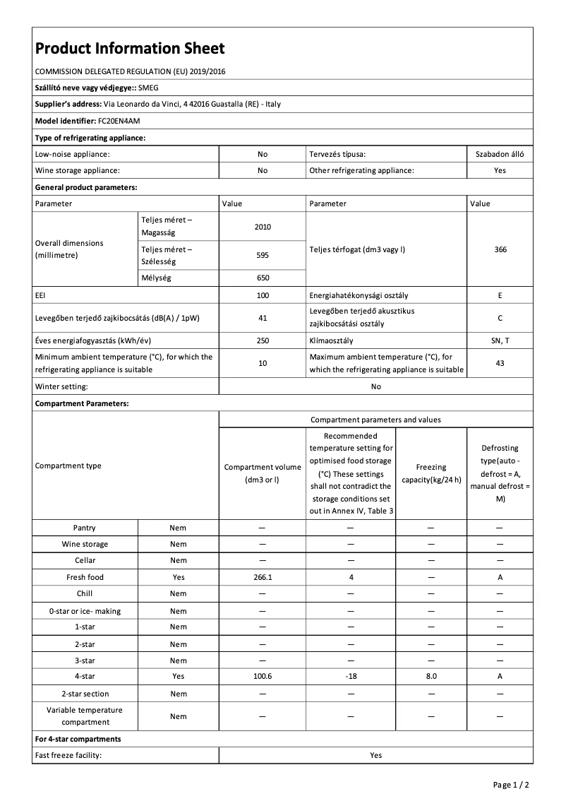 Página 1 del manual Ficha técnica Smeg FC20EN4AM