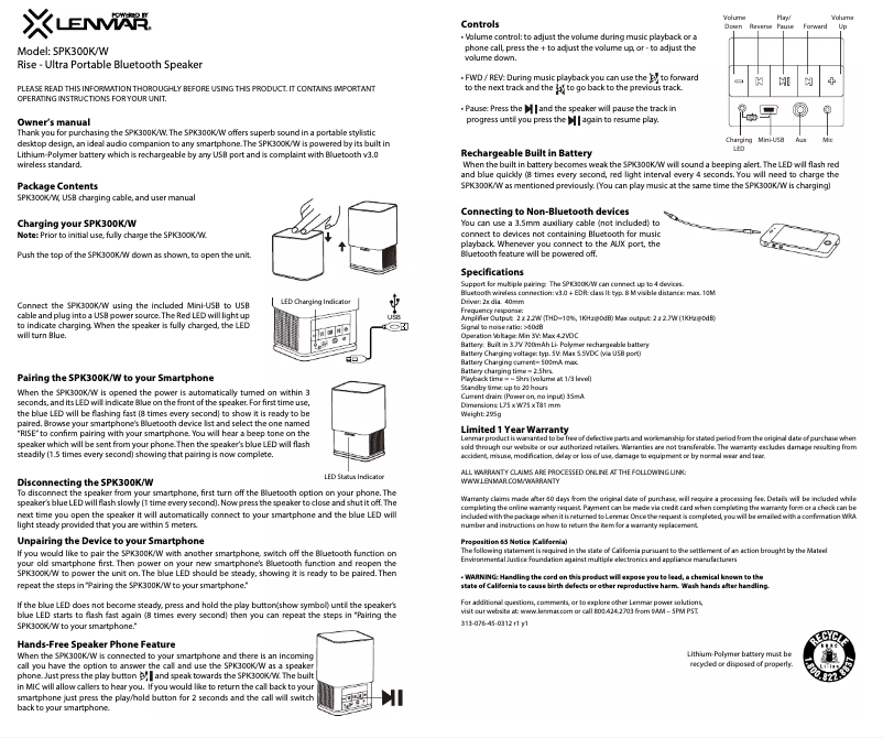 Página 1 del manual Manual de usuario Lenmar SPK300W