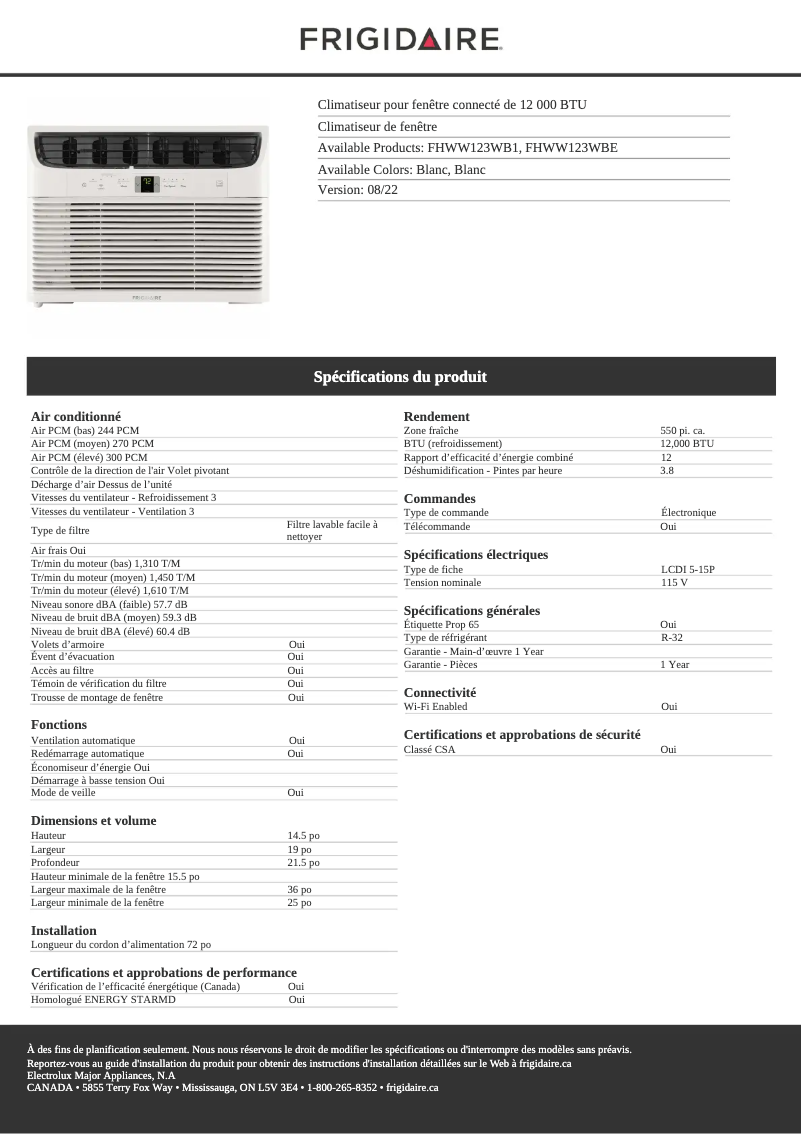 Página nº 1 - Ficha técnica Frigidaire FHWW123WBE