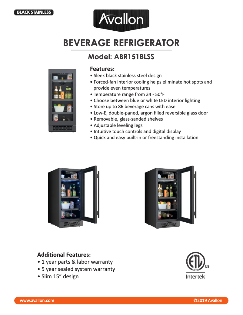 Página 1 del manual Ficha técnica Avallon ABR151BLSS