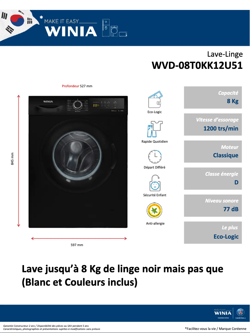 Página 1 del manual Ficha técnica Winia WVD-08T0KK12U51