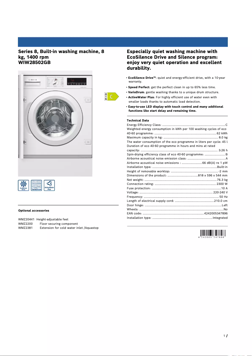 Imagen de la primera página del manual del dispositivo Serie 8 WIW28502GB