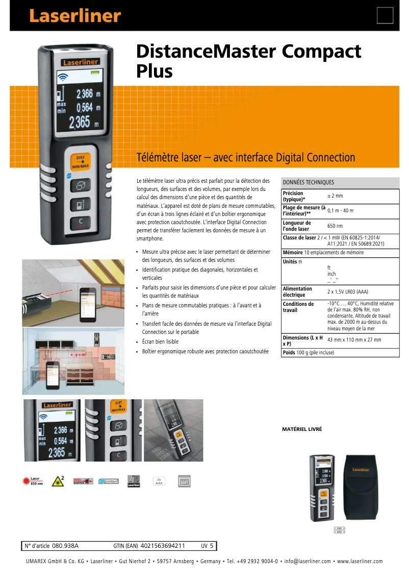 Página 1 del manual Ficha técnica Laserliner DistanceMaster Compact Plus
