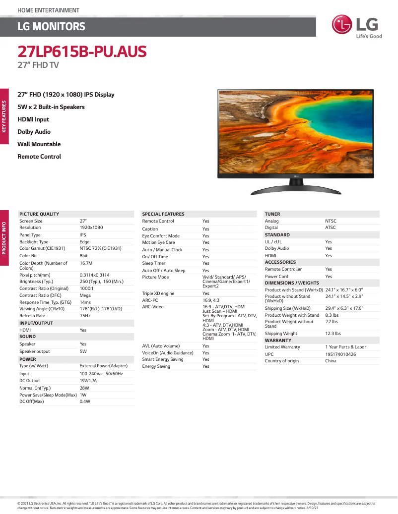 Imagen de la primera página del manual del dispositivo 27LP615B