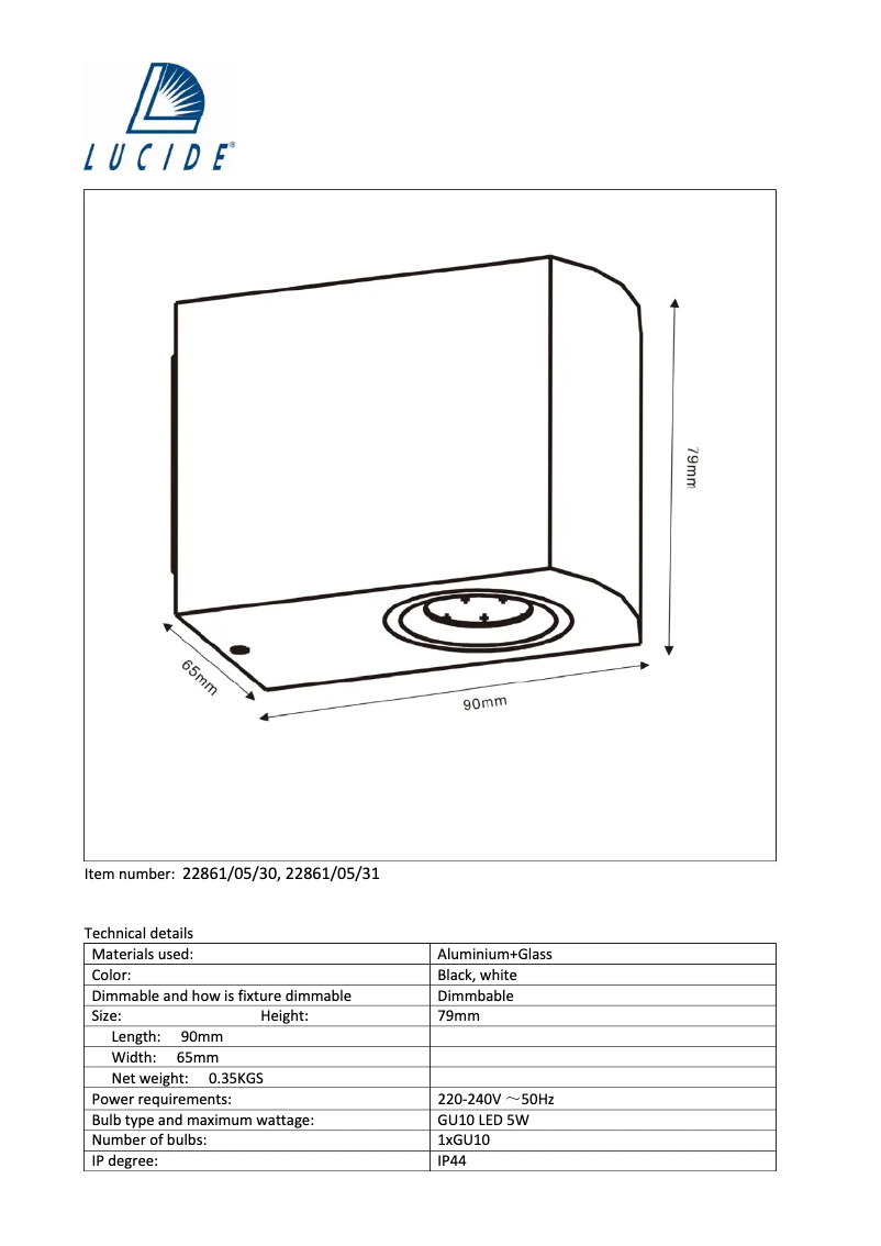 Página 1 del manual Manual de usuario Lucide Zora 22861/05/30