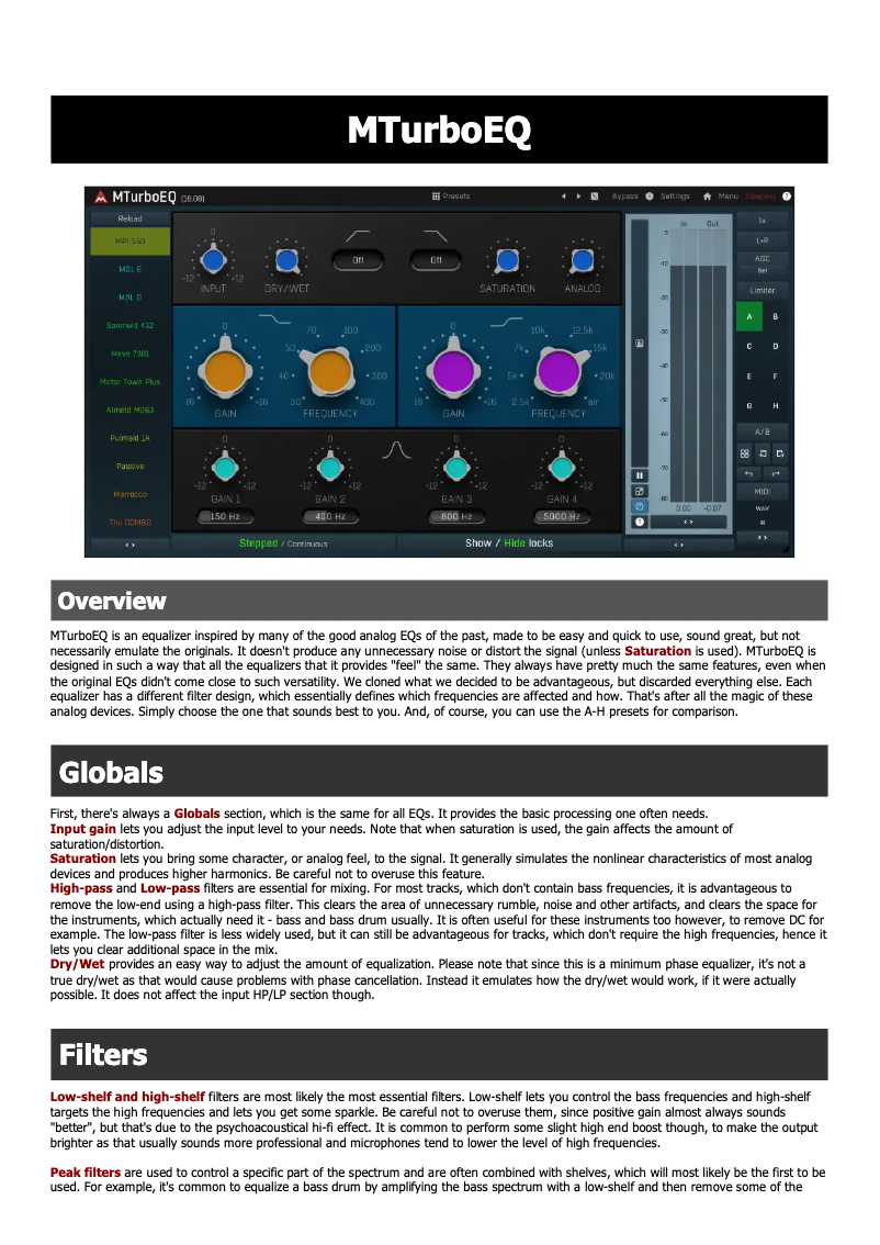 Imagen de la primera página del manual del dispositivo MTurboEQ
