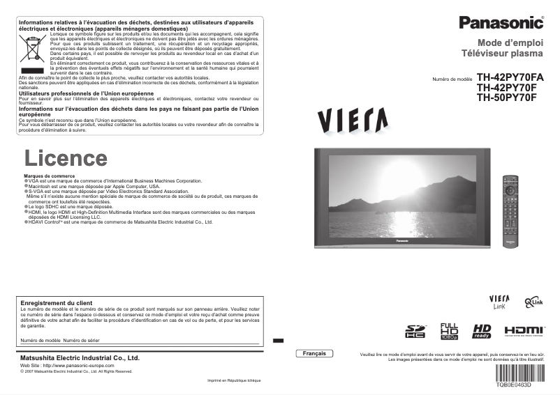 Imagen de la primera página del manual del dispositivo Viera TH-42PY70F