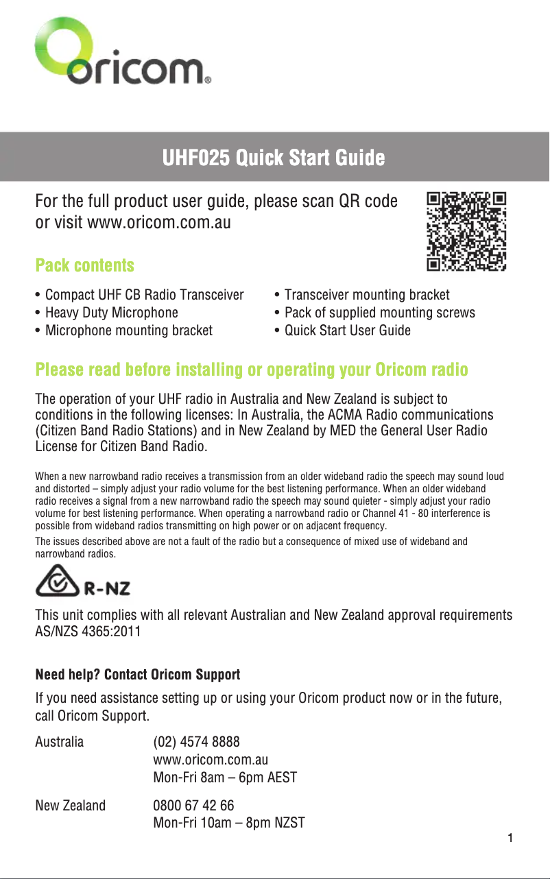 Página 1 del manual Guía de inicio rápido Oricom UHF025