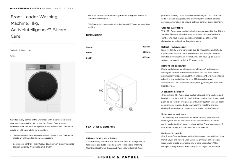 Página 1 del manual Ficha técnica Fisher & Paykel WH1160H1