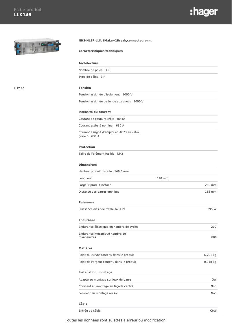 Página 1 del manual Ficha técnica Hager LLK146