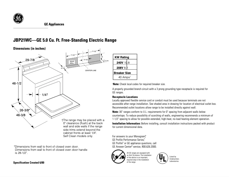 Imagen de la primera página del manual del dispositivo JBP21WCWW