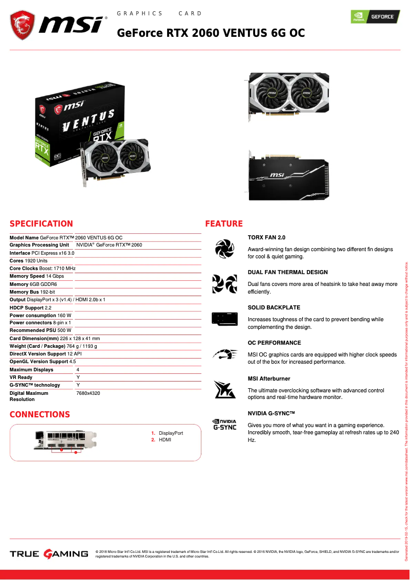 Imagen de la primera página del manual del dispositivo Geforce RTX 2060 Ventus 6G OC
