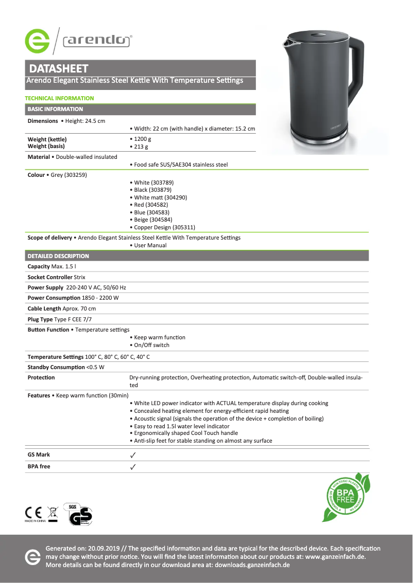 Página 1 del manual Ficha técnica Arendo 303259