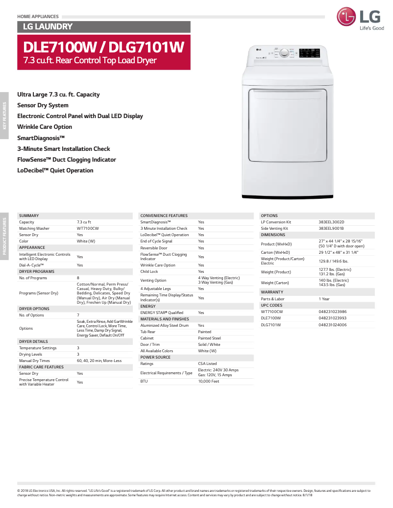 Página 1 del manual Ficha técnica LG DLE7100W