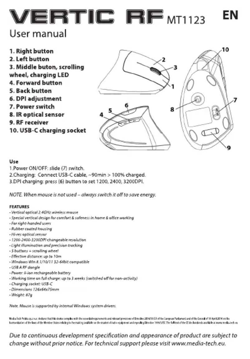 Imagen de la primera página del manual del dispositivo VERTIC RF MT1123