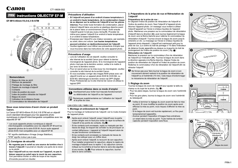 Imagen de la primera página del manual del dispositivo EF-M 15-45mm f/3.5-6.3 IS STM
