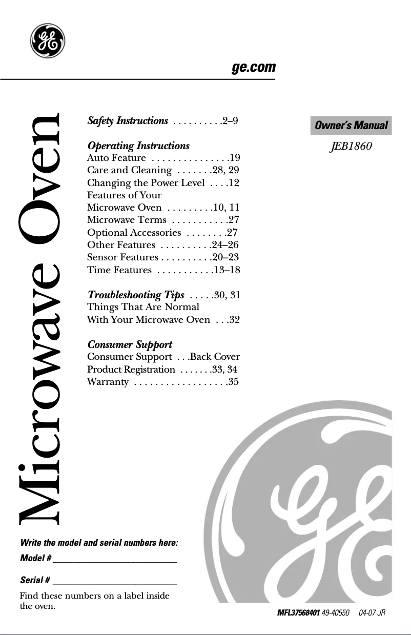 Página 1 del manual Manual de usuario GE JEB1860DMWW