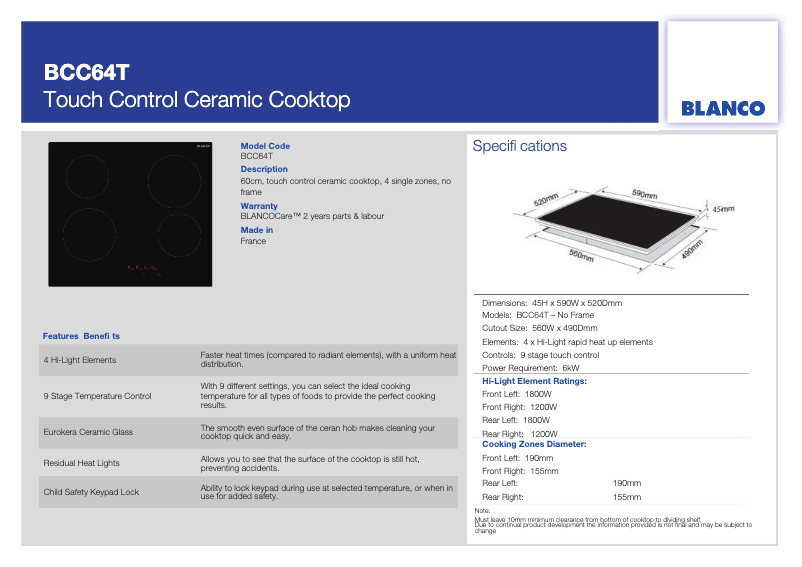 Página 1 del manual Ficha técnica BLANCO BCC64T
