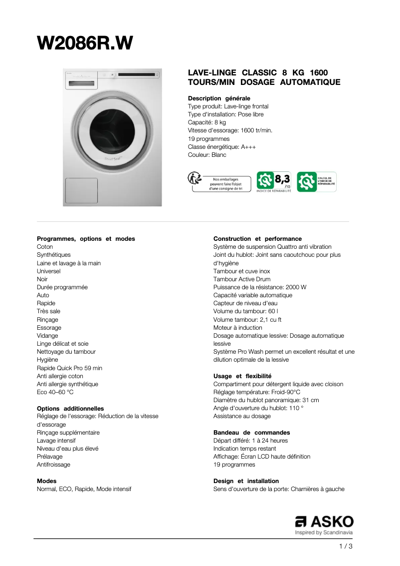 Página 1 del manual Ficha técnica Asko W2086R.W