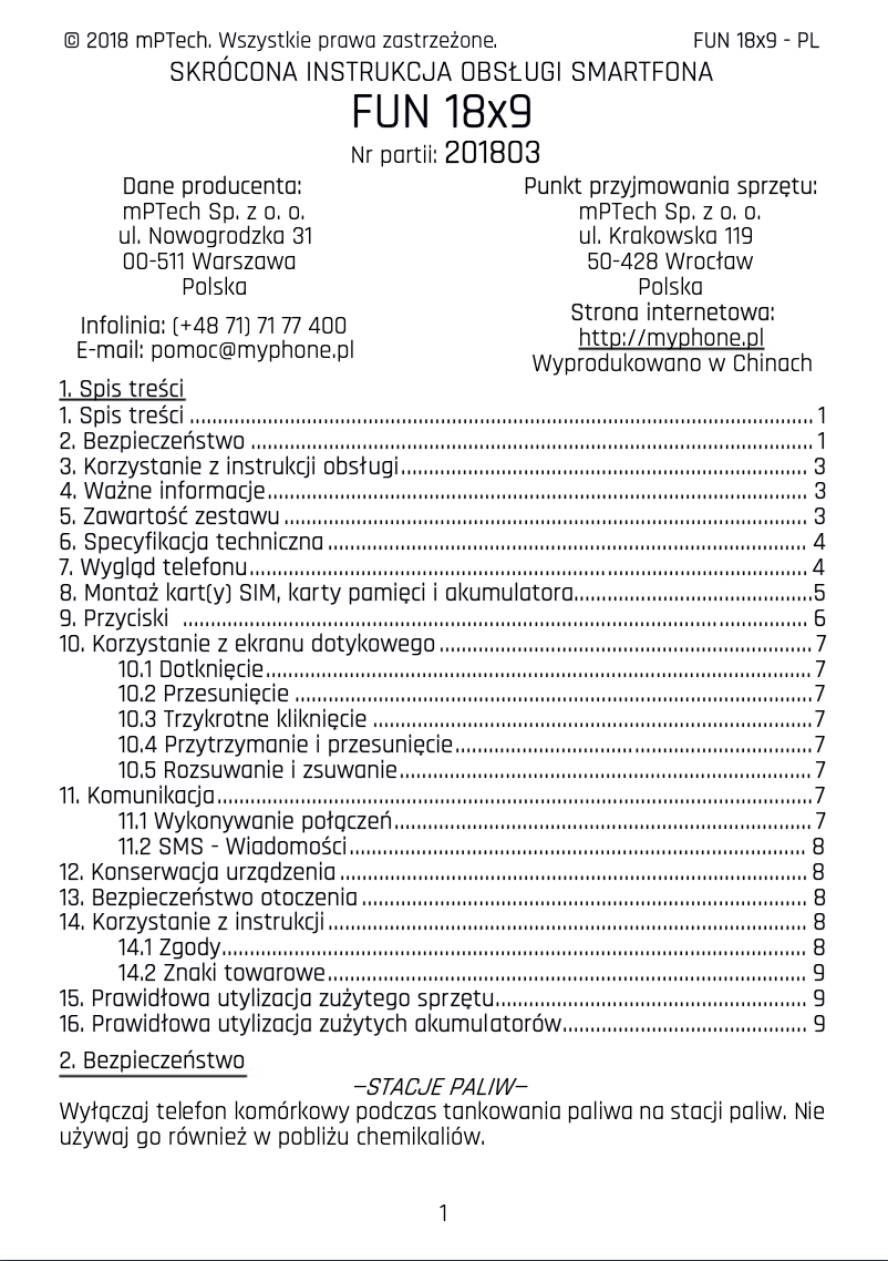 Imagen de la primera página del manual del dispositivo FUN 18x9
