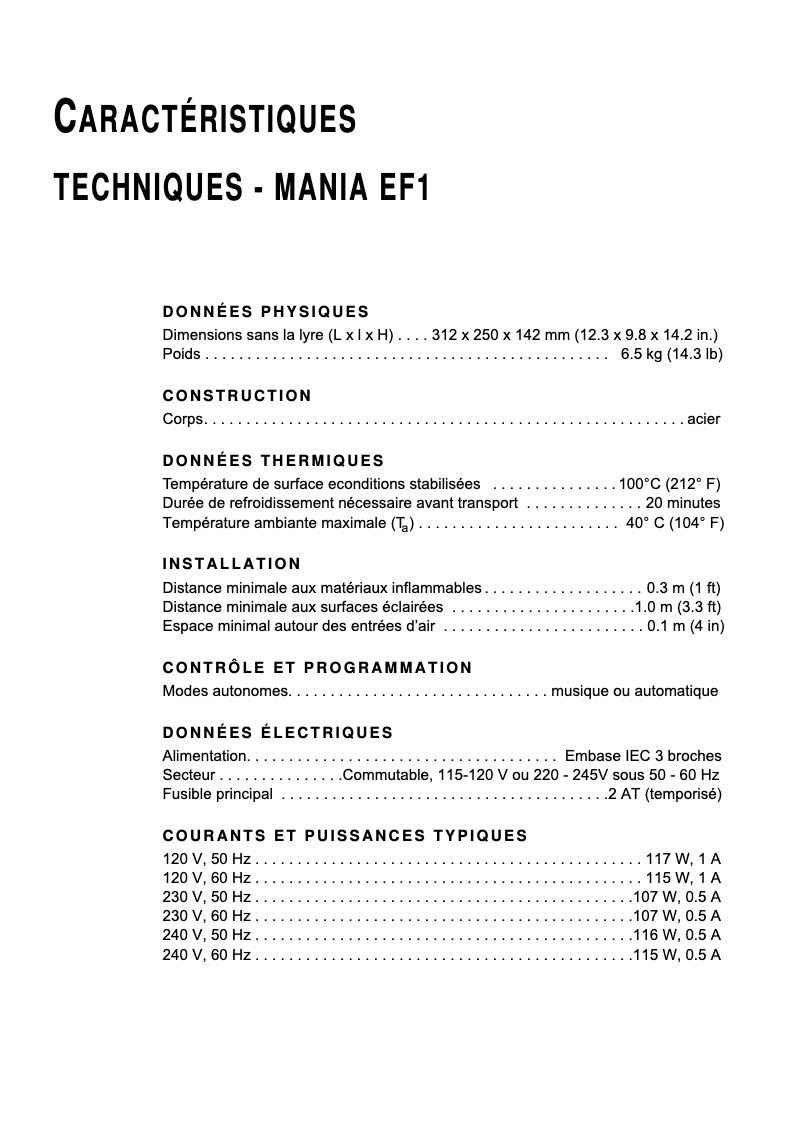 Página 1 del manual Ficha técnica Martin Mania EF1
