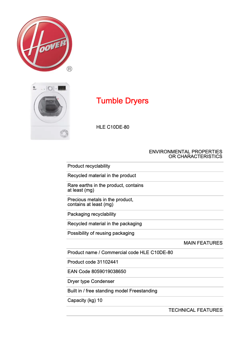 Página 1 del manual Ficha técnica Hoover HLE C10DE-80