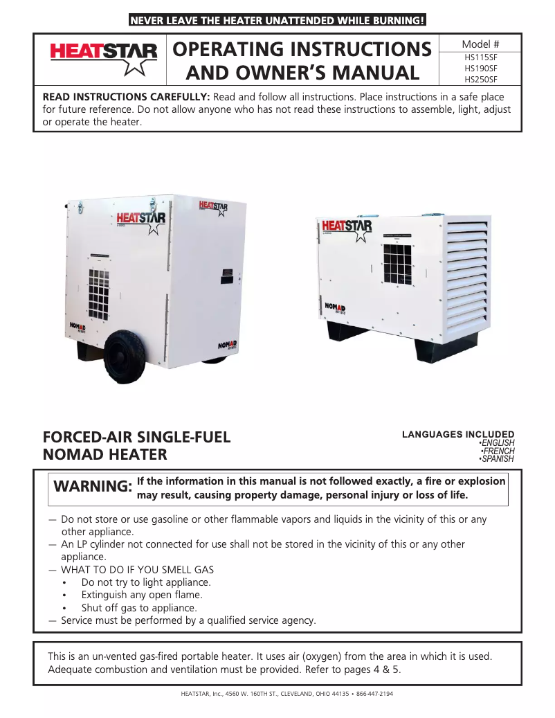 Página 1 del manual Manual de usuario HeatStar Nomad HS250SF