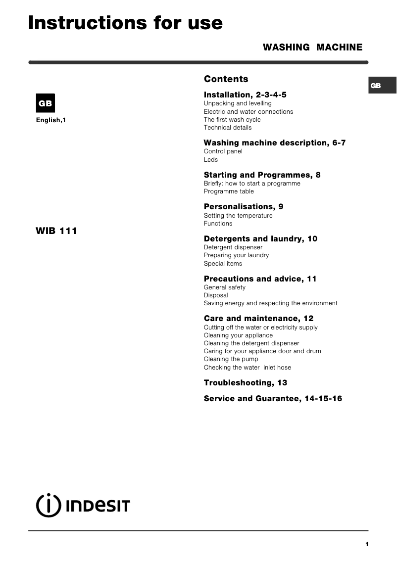 Página 1 del manual Manual de usuario Indesit WIB 111 W