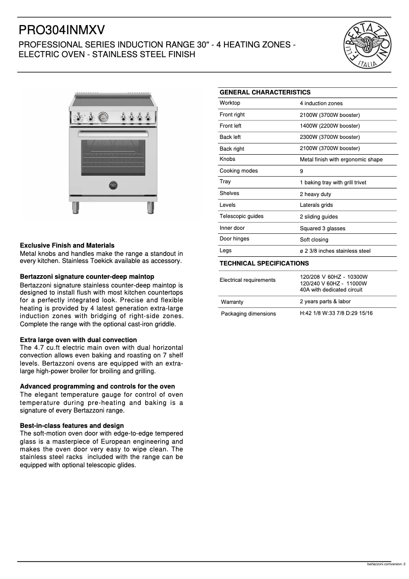 Página 1 del manual Ficha técnica Bertazzoni PRO304INMXV