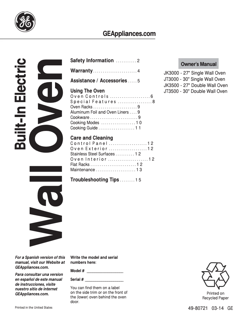 Página 1 del manual Manual de instrucciones GE JK3000DFWW